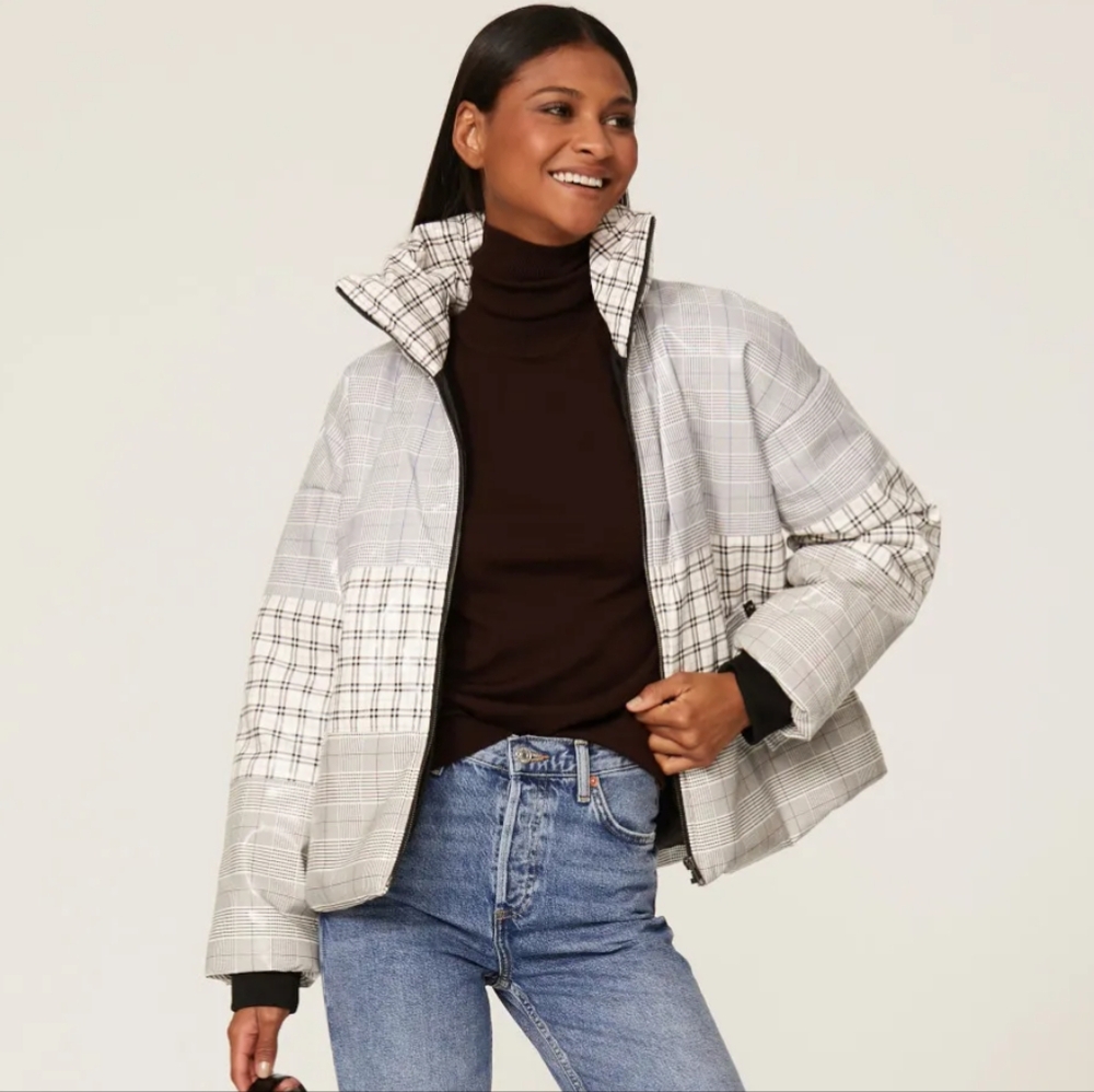 Samantha Sipos Plaid Leather Puffer Jacket Size XS
